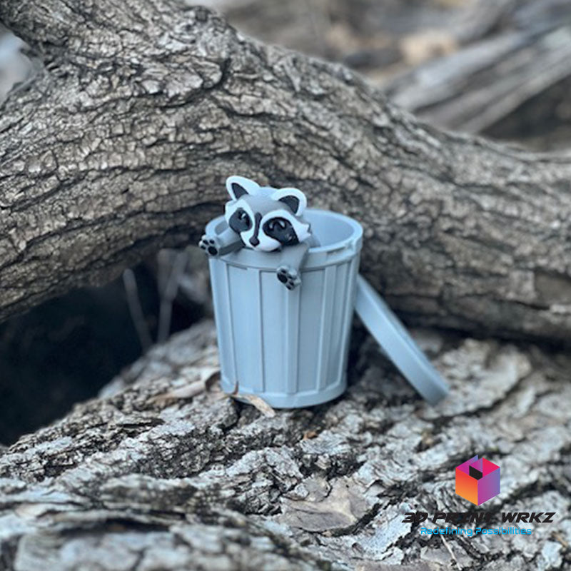 Raccoon with trash can